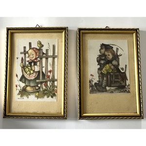 Vintage Hummel Gold Frame  Wall Art Set of 2 Children Made in Germany